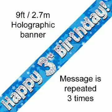 Blue Holographic Happy 3rd Birthday Banner – 2.7m (9ft)