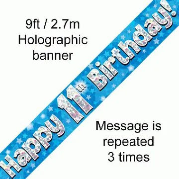 Blue Holographic Happy 11th Birthday Banner – 2.7m (9ft)