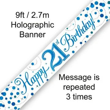 Happy 21st Birthday Blue Holographic Banner – 2.7m (9ft)