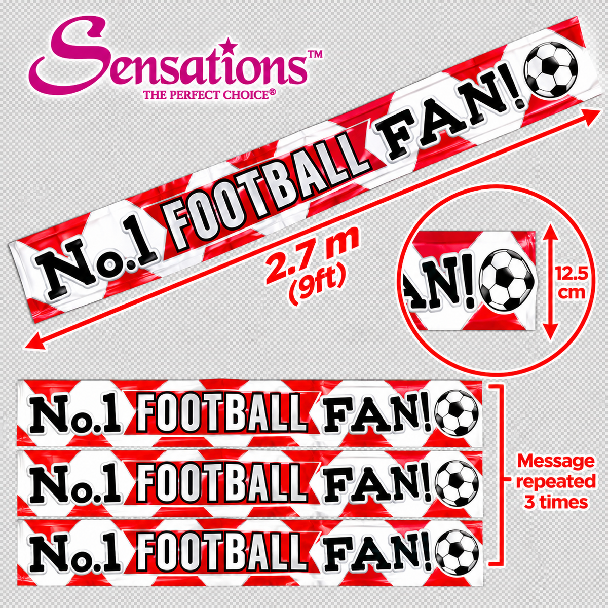 No.1 Football Fan Red & White Foil Banner – 2.7m / 9ft – Cut into 3 Banners