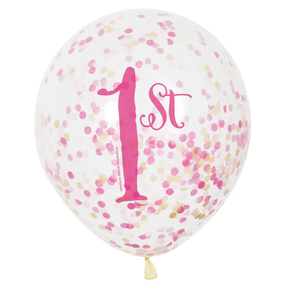 Unique Clear 1st Pink & Gold Confetti 12" Latex Balloons 6ct