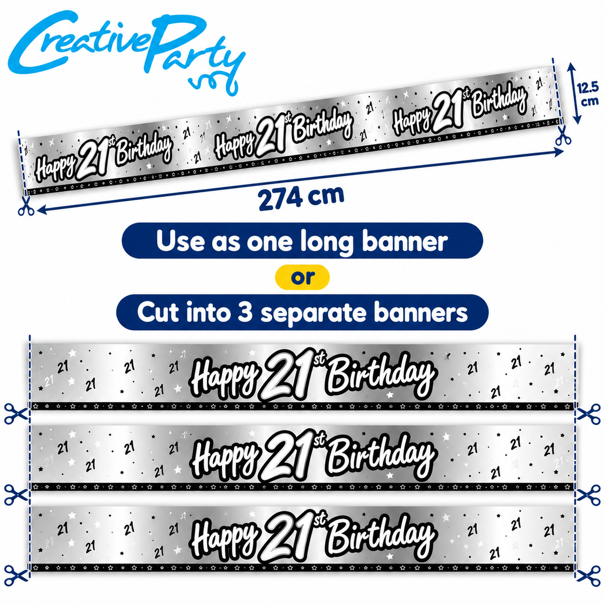 Happy 21st Birthday Banner 274cm x 12.5cm – Silver/Black Holographic Party Decoration