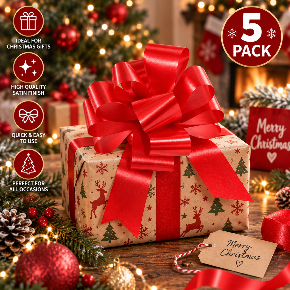 Red Pull Bows Pack of 5 – Gift Wrapping Ribbon Bows for Christmas, Birthdays & Presents