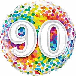 90th Birthday Balloon Rainbow Confetti 18-Inch Foil Balloon