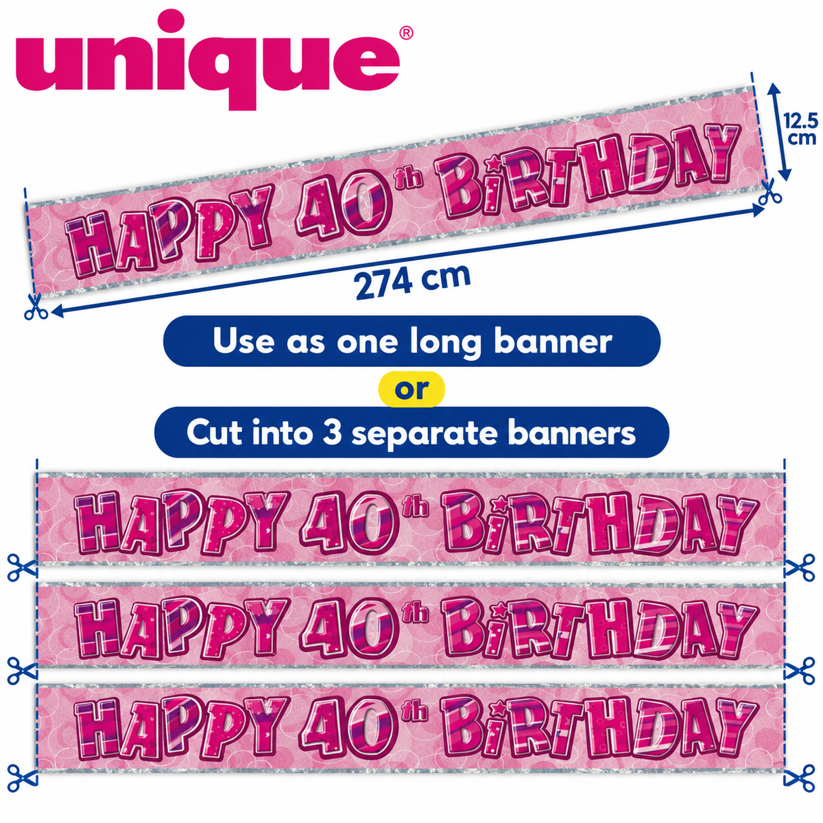 Happy 40th Birthday Pink Holographic Banner – 2.74m – Cut into 3 Banners