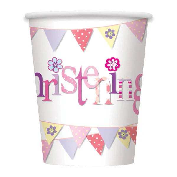 Pink Bunting Christening Paper Cups (9oz) Pack of 8