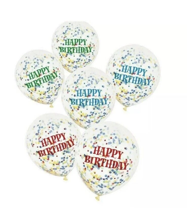 Unique Clear Multicoloured Happy Birthday Confetti 12" Latex Balloons 6ct