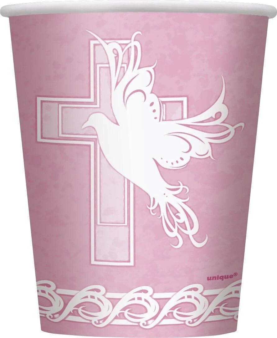 Pink Dove Cross Holy Communion Christening 9oz Paper Cups 8pc
