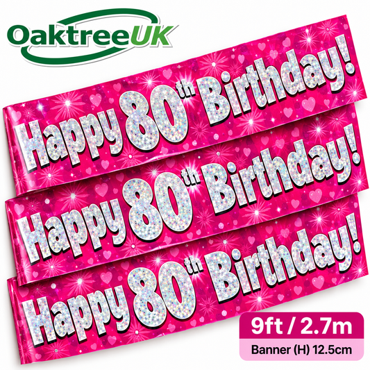 Pink Holographic Happy 80th Birthday Banner – 2.7m (9ft)