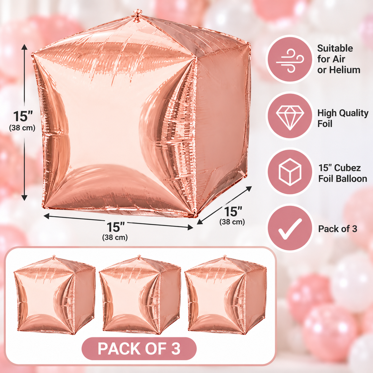 Anagram 15" Rose Gold Cubez Foil Balloons – Pack of 3