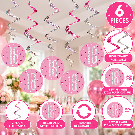 Unique Party Pink & Silver 18th Birthday Hanging Swirls 6pc
