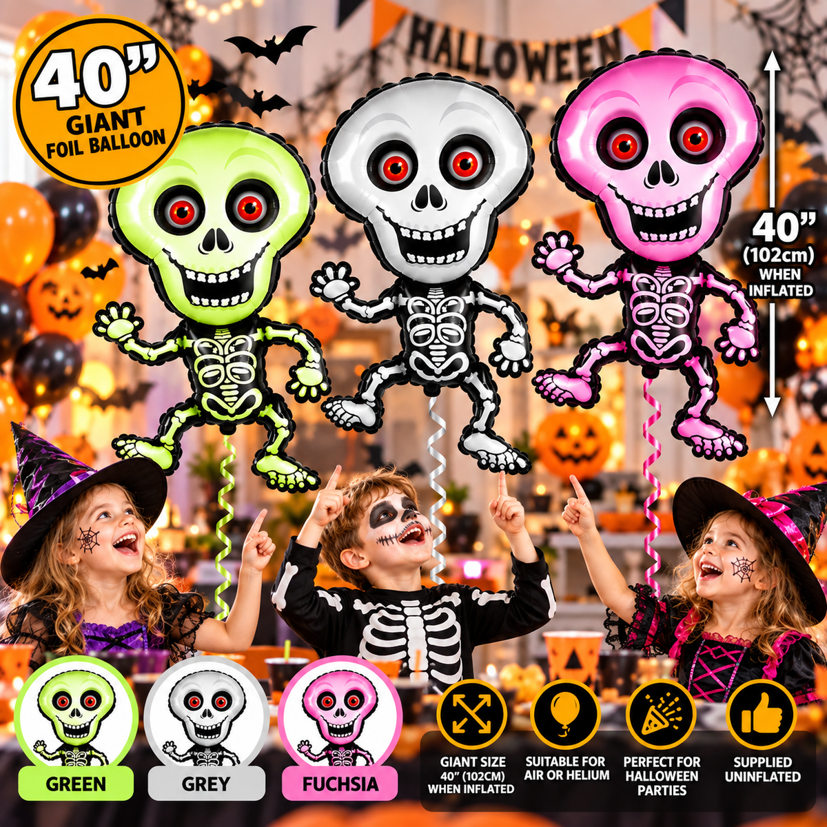 Large Skeleton Foil Balloon – 40" Halloween Decoration – Green, Grey or Fuchsia