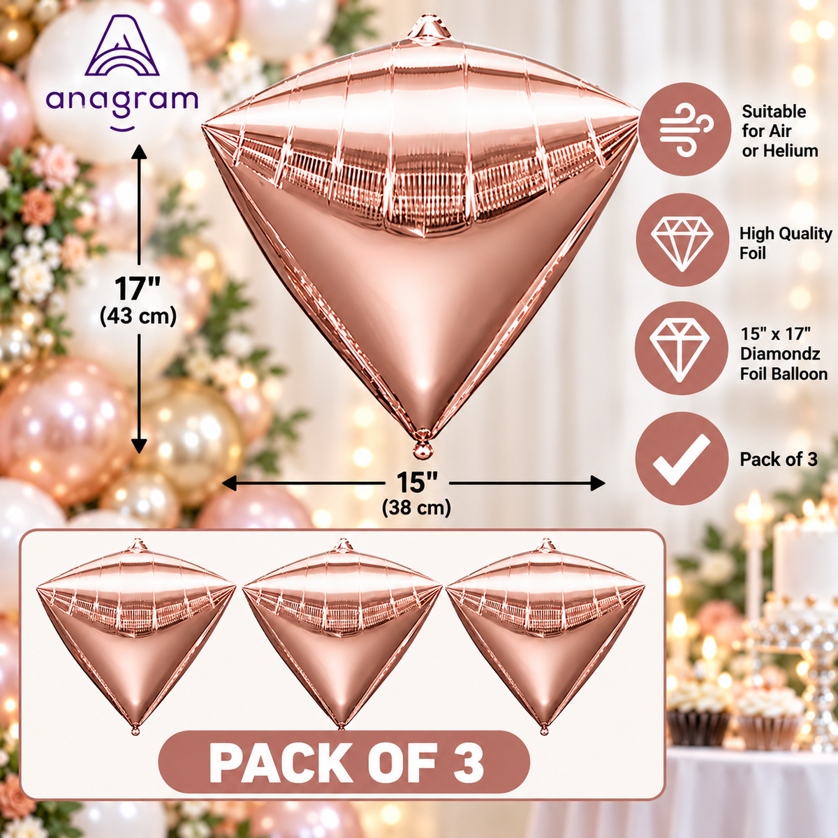 Anagram 15" x 17" Rose Gold Diamondz Foil Balloons – Pack of 3