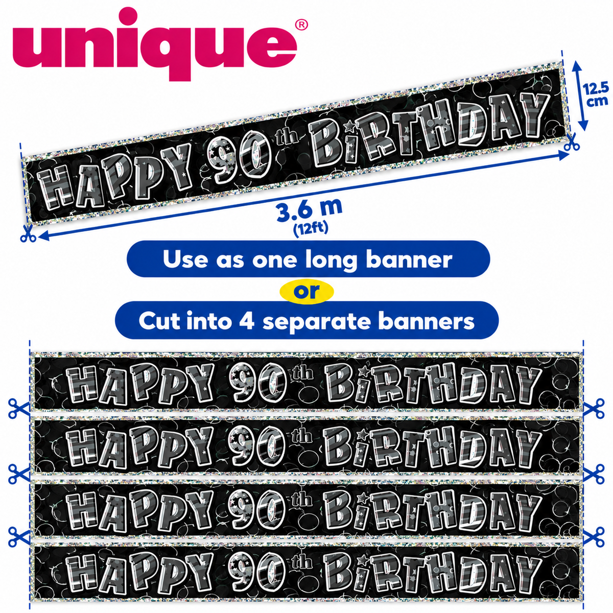 Happy 90th Birthday Black & Silver Holographic Banner – 3.6m (12ft) – Cut into 4 Banners