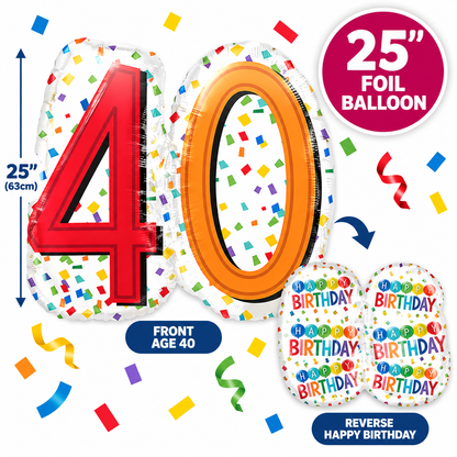 40th Birthday Foil Balloon 25"  Anagram XL Colourful Number 40 Double Sided Happy Birthday Party Decoration