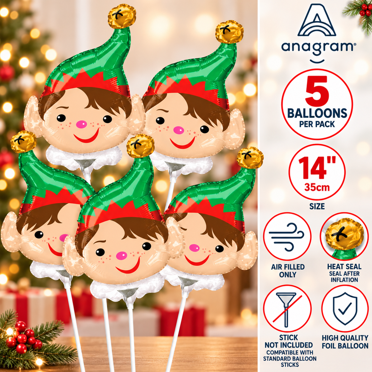 Anagram 14" Christmas Elf Foil Balloons – Pack of 5 | Air Fill Only