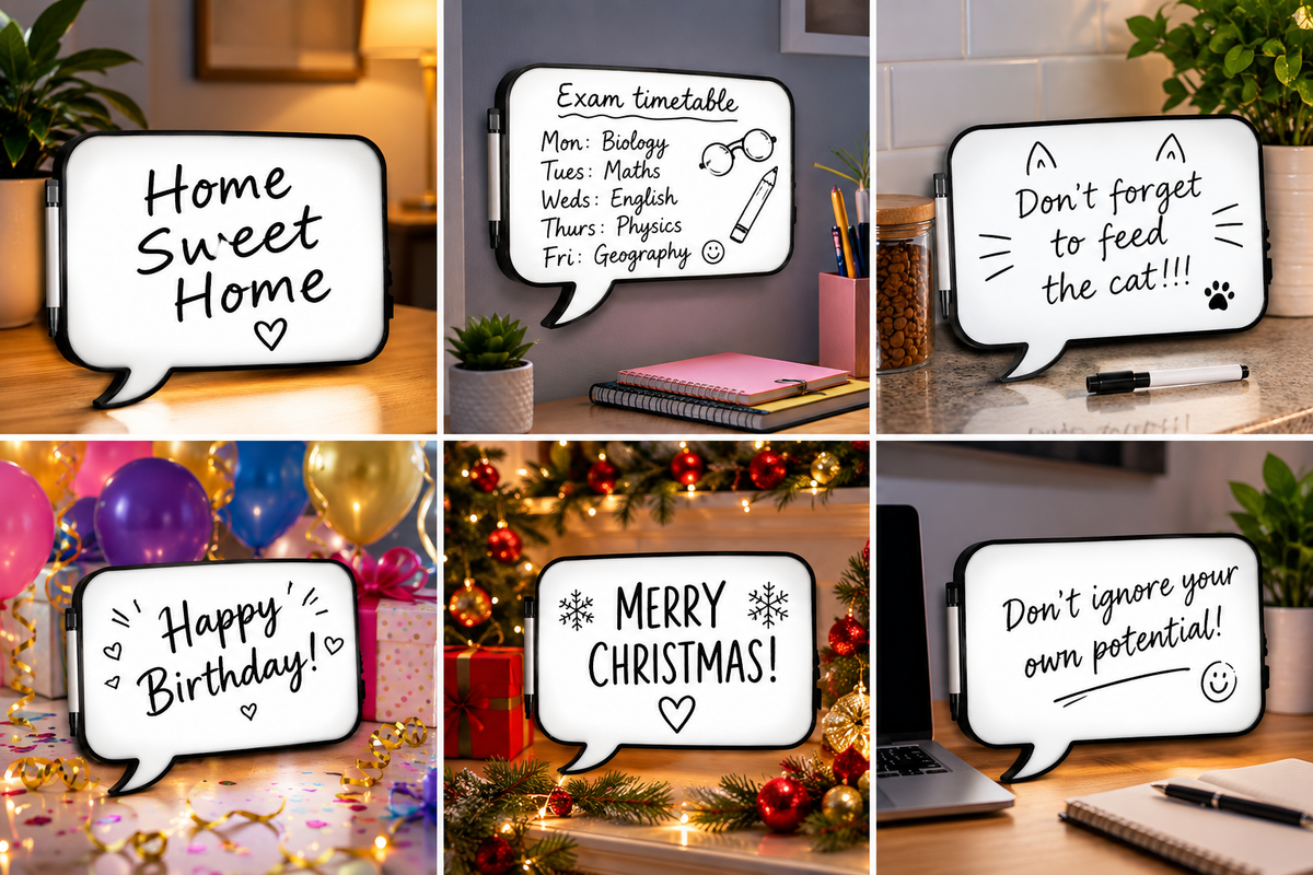 Writable Speech Bubble LED Light Box – Illuminated Message Board with Black Dry Erase Marker Pen