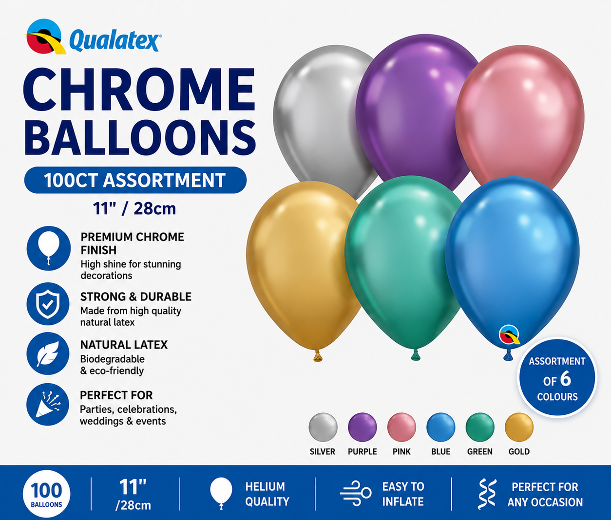 Qualatex Chrome Balloons 11" Assorted Colours 100 Pack Premium Latex Party Balloons
