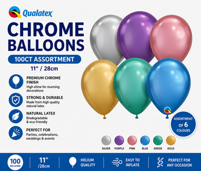 Qualatex Chrome Balloons 11" Assorted Colours 100 Pack Premium Latex Party Balloons