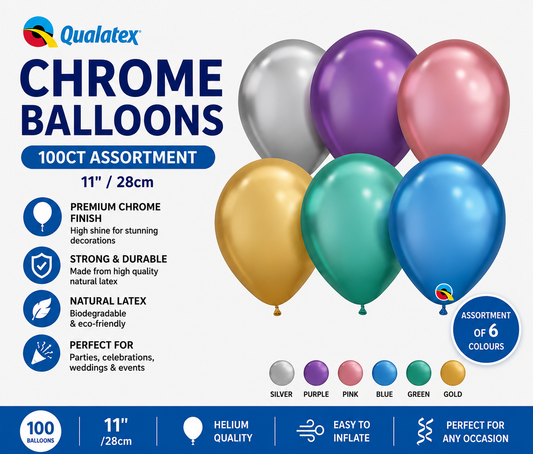 Qualatex Chrome Balloons 11" Assorted Colours 100 Pack Premium Latex Party Balloons