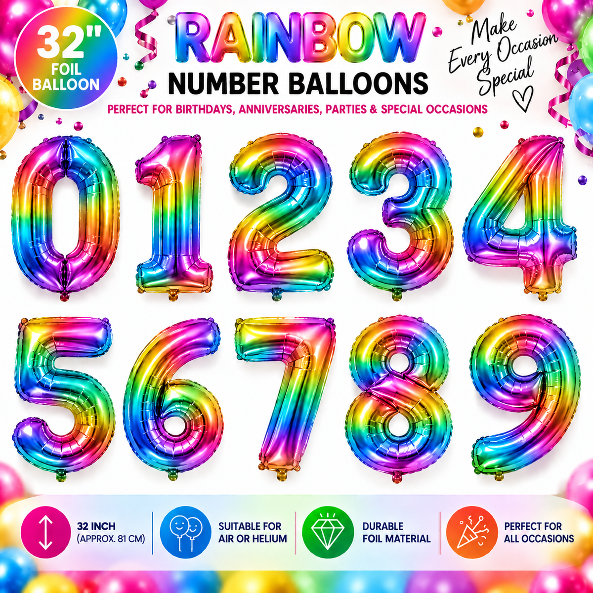 32" Foil Number Balloons 0-9 – Giant Birthday Number Balloon – Gold, Silver, Blue, Pink, Red, Purple, Rose Gold & Rainbow – Air or Helium