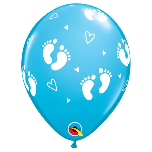 Qualatex Baby Footprints & Hearts Robin's Egg Blue 11" Latex Balloons 25Pc/Bag