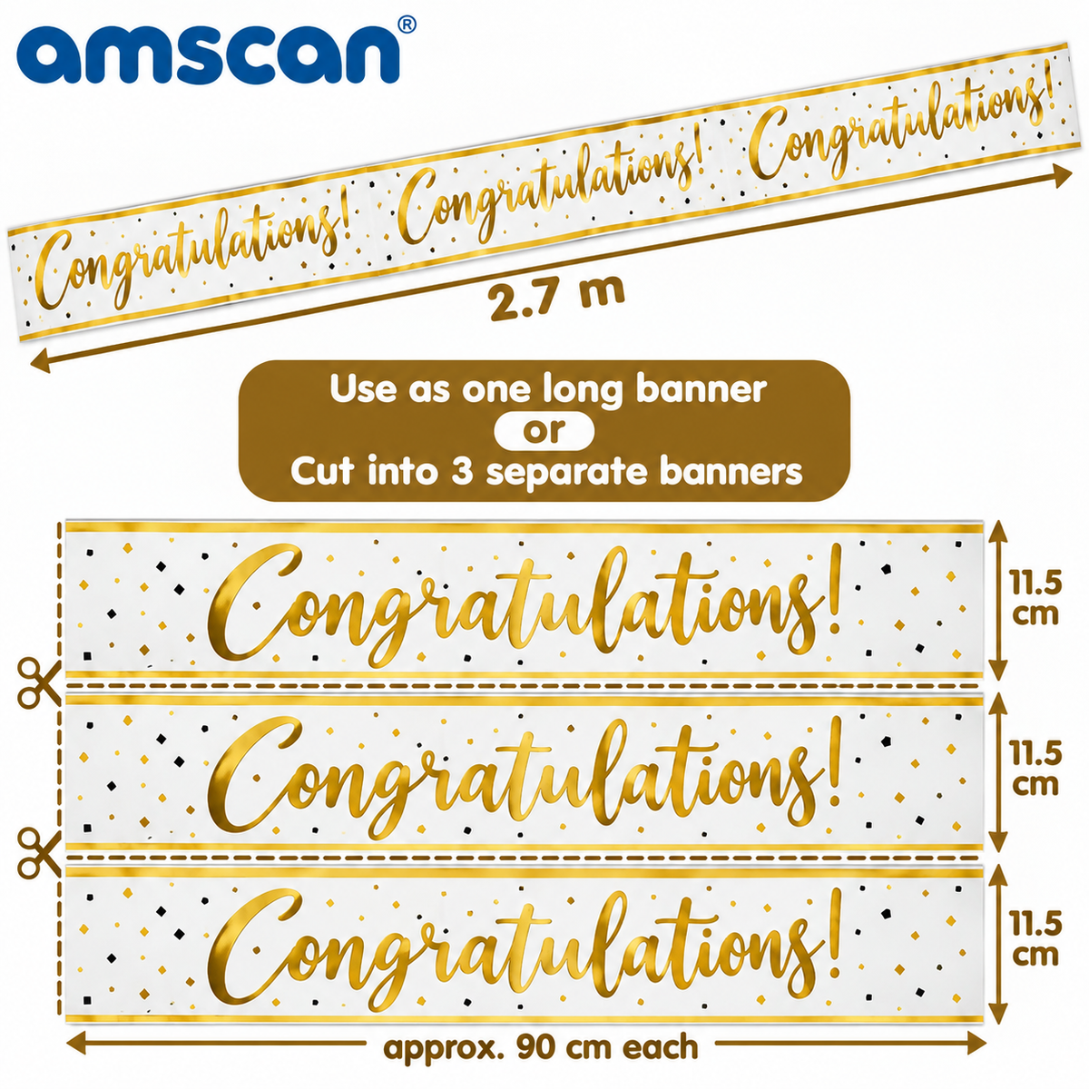 Congratulations Banner – 2.7m Gold & White, Cut into 3 Banners