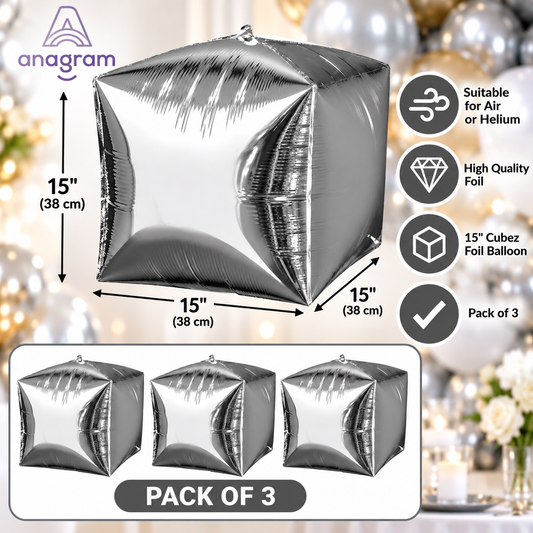 Anagram 15" Silver Cubez Foil Balloons – Pack of 3