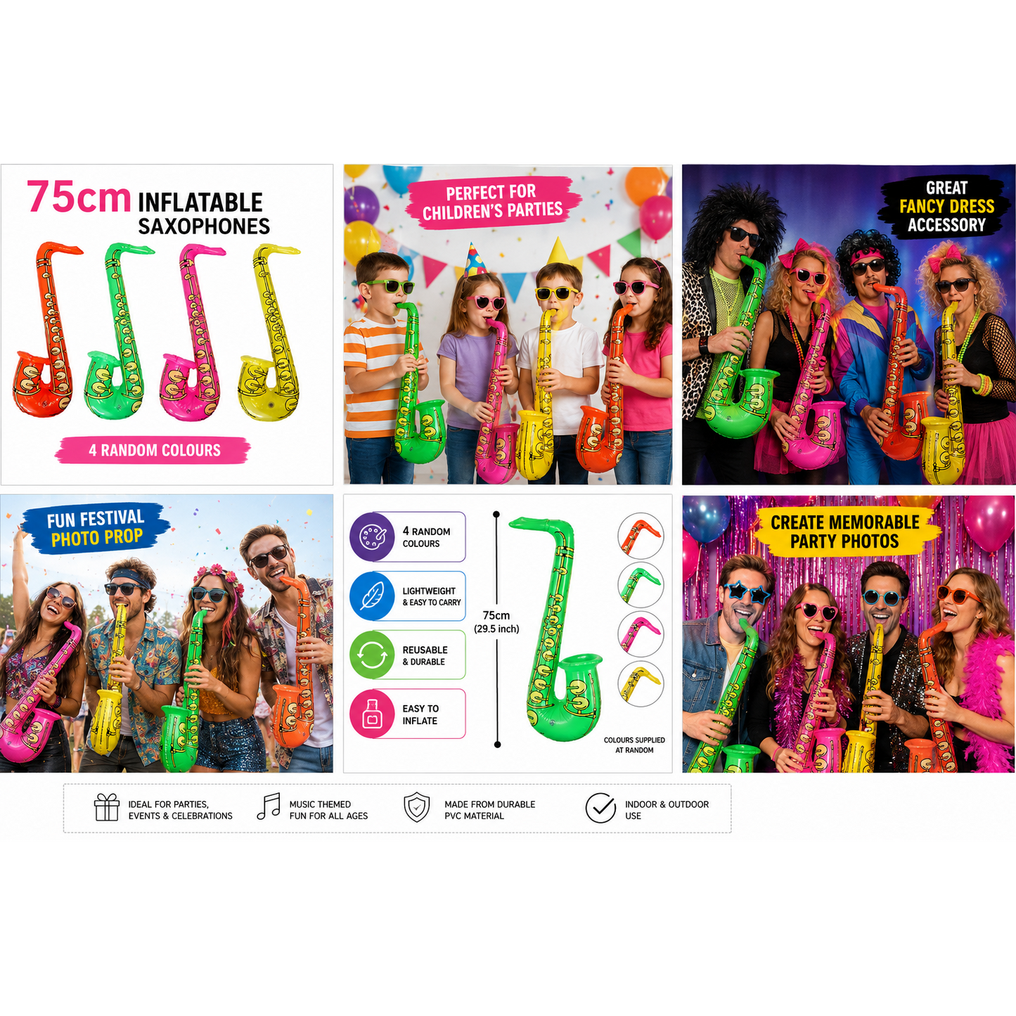 Inflatable Saxophone 75cm Party Toy – 4 Random Colours – Fancy Dress & Party Prop