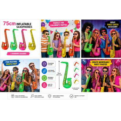 Inflatable Saxophone 75cm Party Toy – 4 Random Colours – Fancy Dress & Party Prop