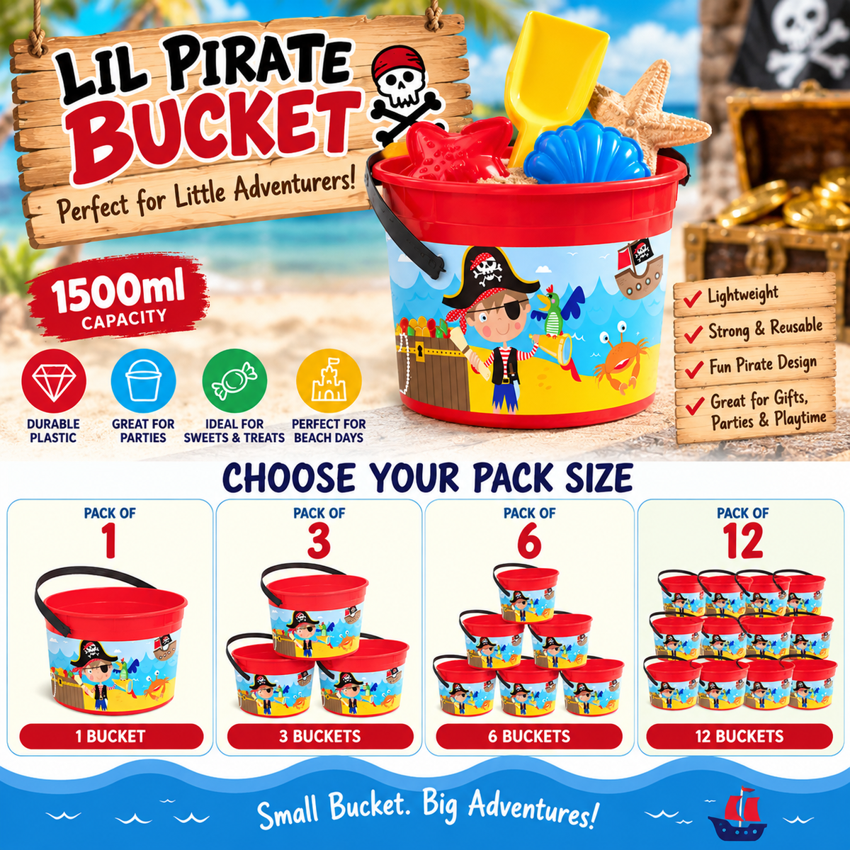 Lil Pirate Bucket 1500ml – Kids Pirate Party Bucket with Handle – Reusable Plastic Treat, Gift & Beach Bucket – Party Bag Alternative – Packs of 1, 3, 6 or 12