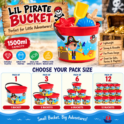 Lil Pirate Bucket 1500ml – Kids Pirate Party Bucket with Handle – Reusable Plastic Treat, Gift & Beach Bucket – Party Bag Alternative – Packs of 1, 3, 6 or 12