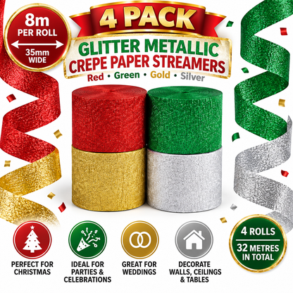4 Pack Glitter Metallic Crepe Paper Streamers 8m x 35mm Red Green Gold Silver