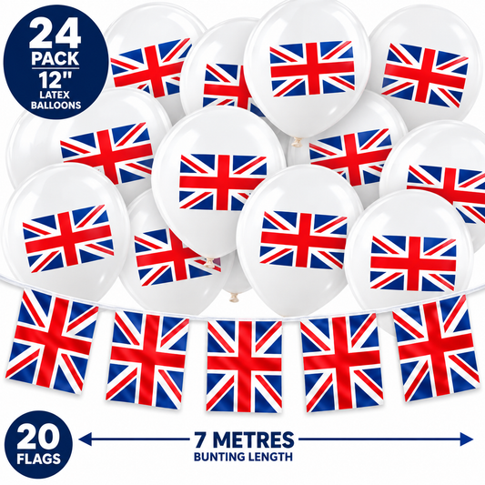 Union Jack Party Set – 7m Bunting (20 Flags) & 24 x 12" Balloons