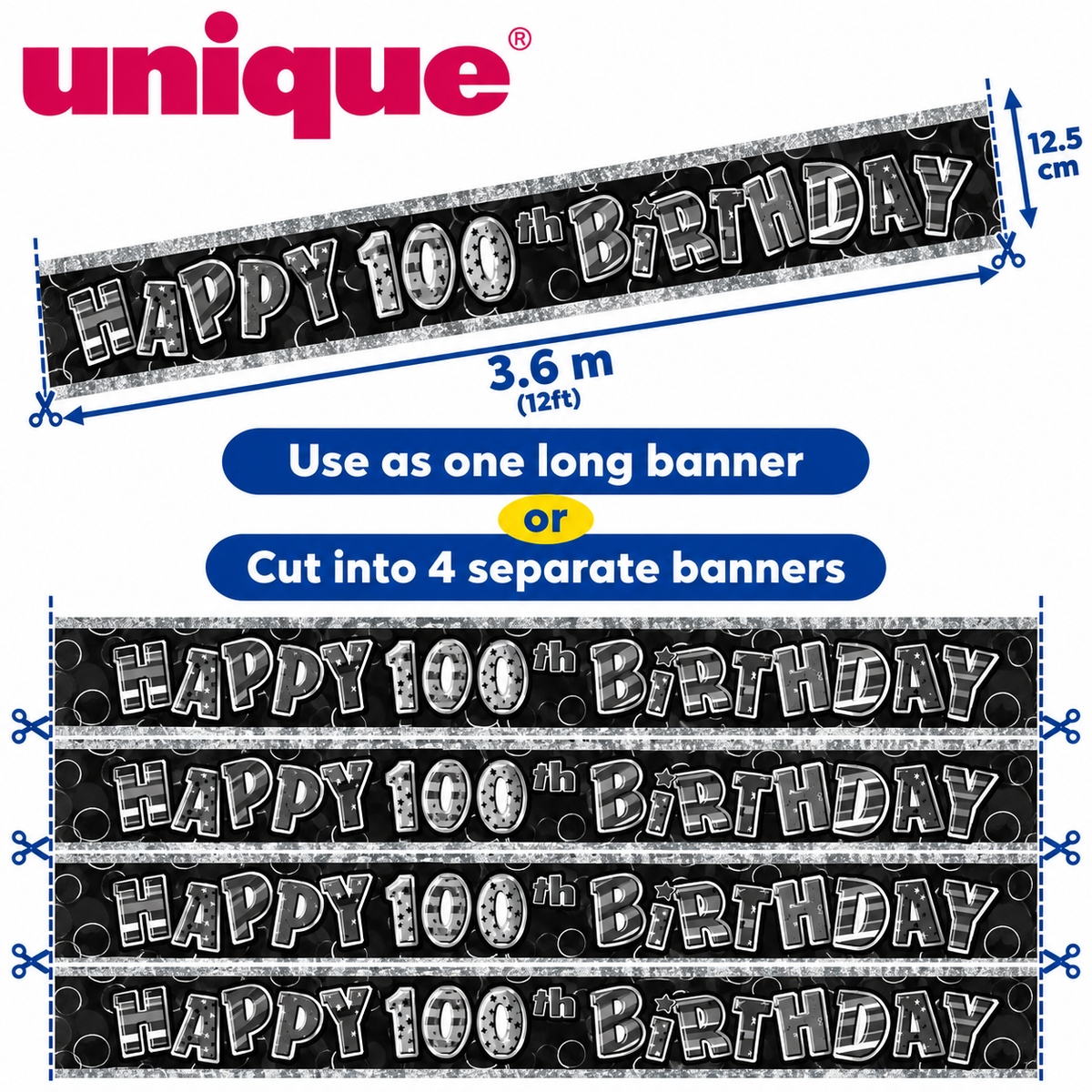 Happy 100th Birthday Black & Silver Holographic Banner – 3.6m (12ft) – Cut into 4 Banners