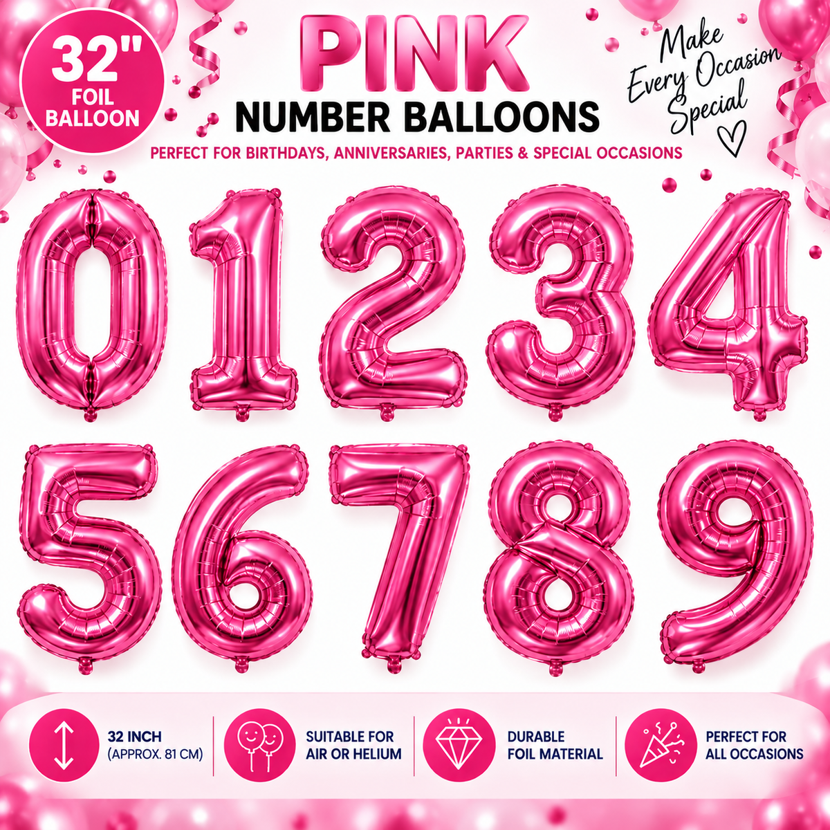 32" Foil Number Balloons 0-9 – Giant Birthday Number Balloon – Gold, Silver, Blue, Pink, Red, Purple, Rose Gold & Rainbow – Air or Helium