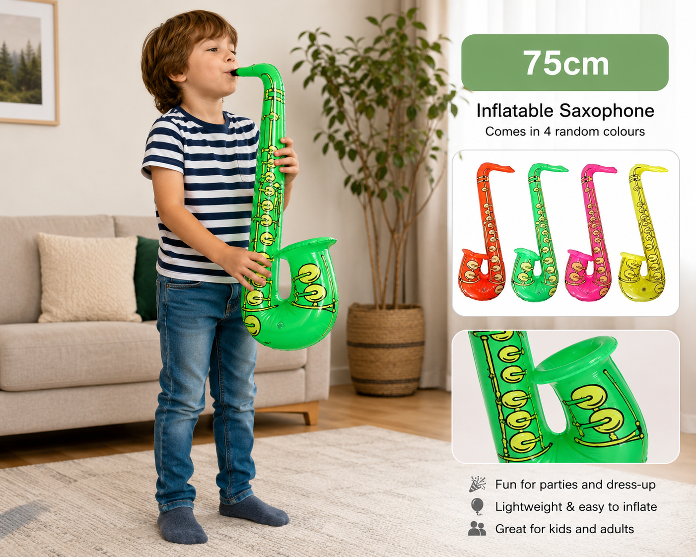 Inflatable Saxophone 75cm Party Toy – 4 Random Colours – Fancy Dress & Party Prop