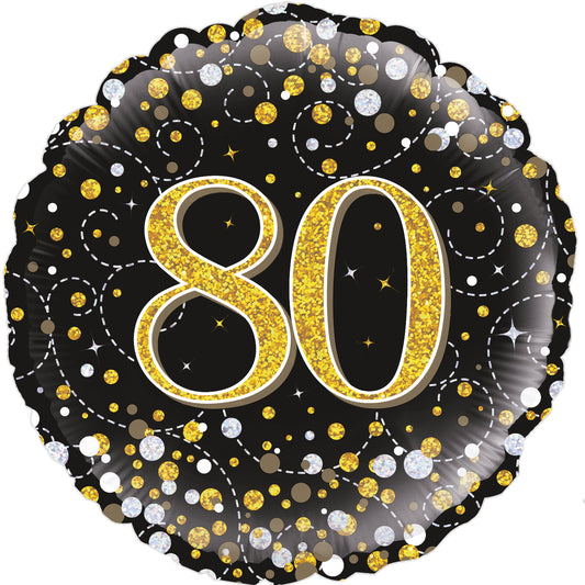 Oaktree 18inch 80th Sparkling Fizz Birthday Black & Gold Holographic Foil Balloon