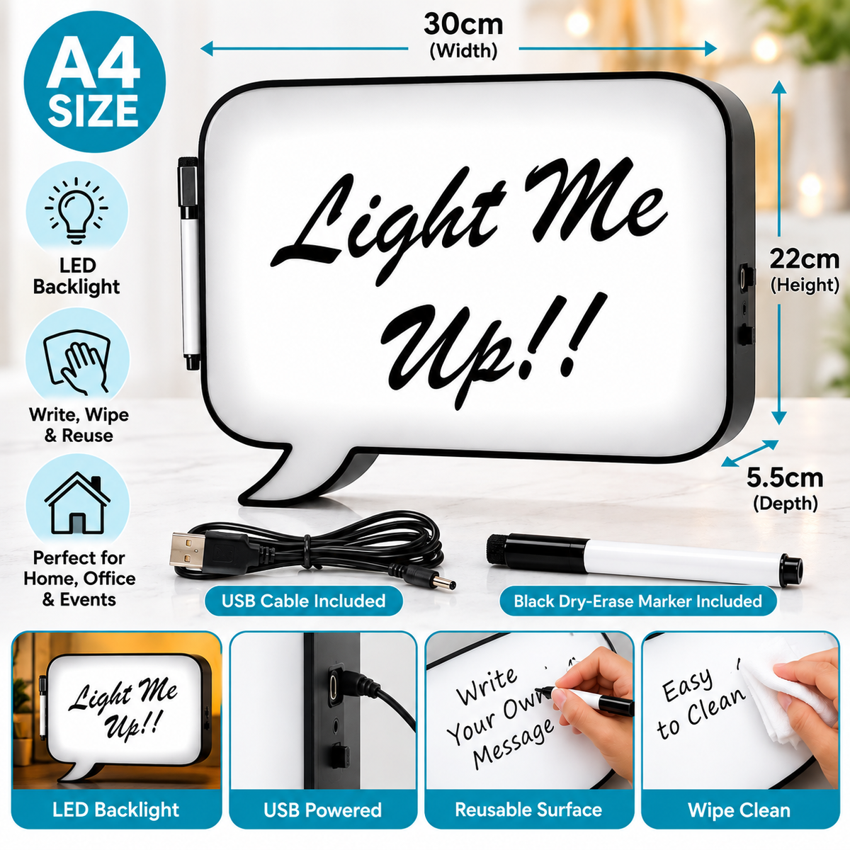 Writable Speech Bubble LED Light Box – Illuminated Message Board with Black Dry Erase Marker Pen