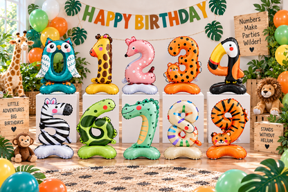 Animal Number Foil Balloon 0-9 – 23" Standing Airfill Birthday Balloon – No Helium Required