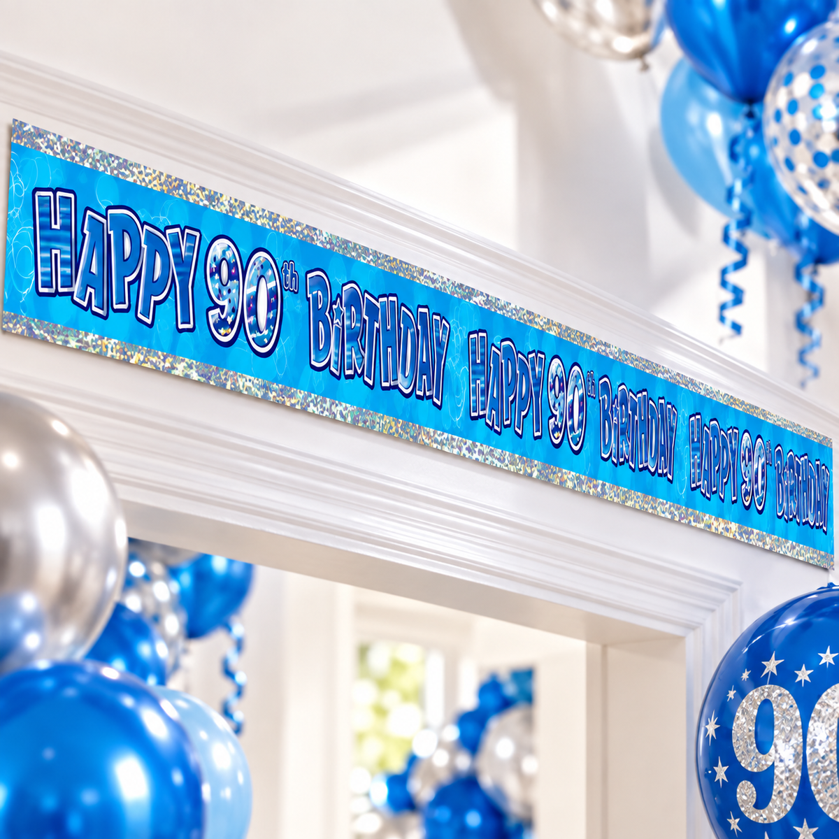 Happy 90th Birthday Banner Blue 2.74m – Cut into 3 Party Banners