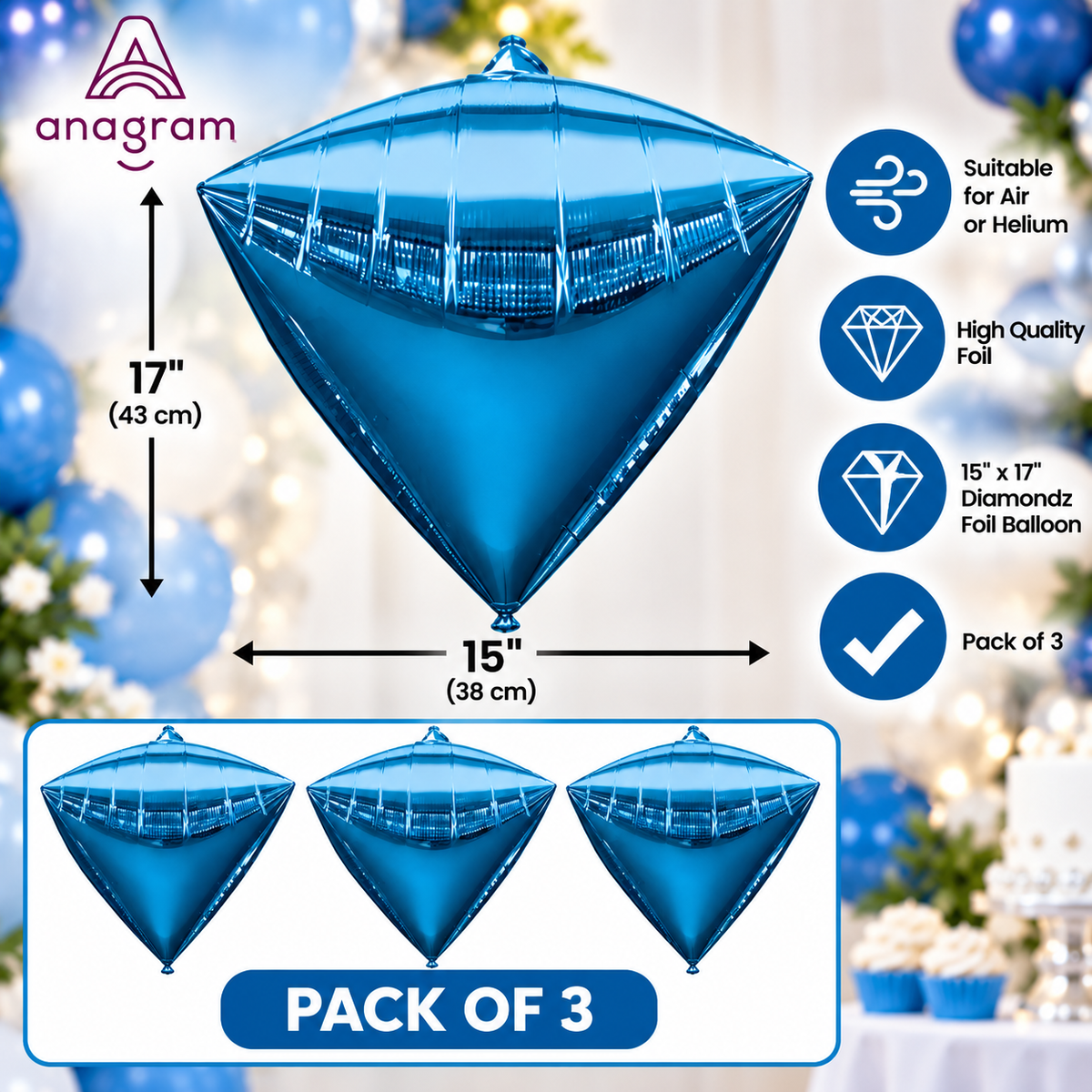 Anagram 15" x 17" Blue Diamondz Foil Balloons – Pack of 3