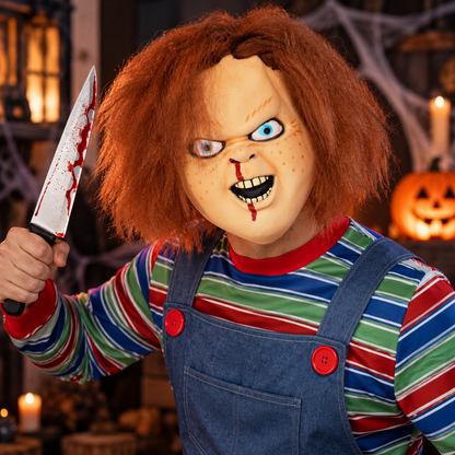 Chucky Style Horror Mask Adult Full Head with Hair – Halloween Fancy Dress