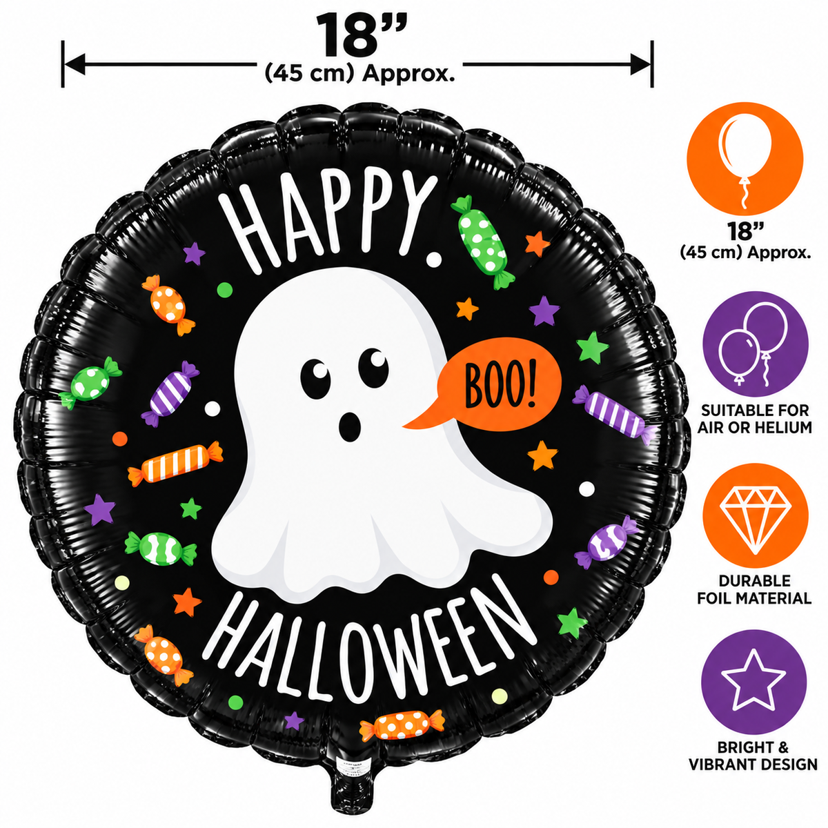 Ghostly Candies Happy Halloween 18" Foil Balloon – Ghost & Sweets Party Decoration