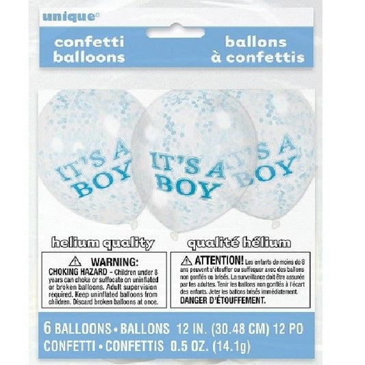 Unique Clear It's A Boy Blue Confetti 12" Latex Balloons 6ct
