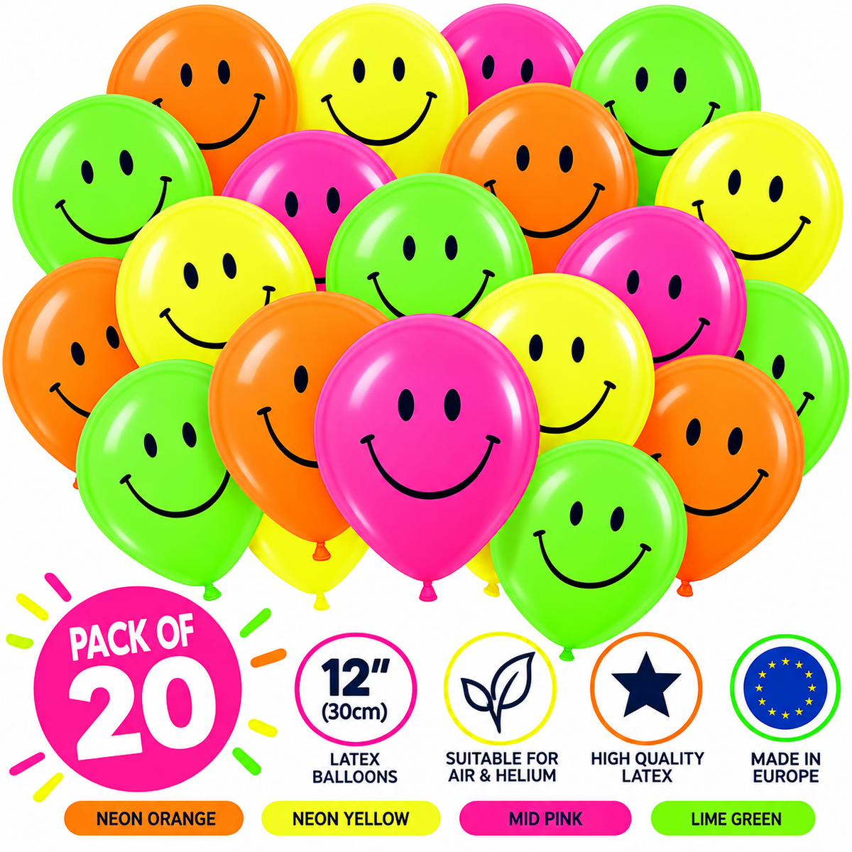 12" Neon Smiley Face Latex Balloons – Pack of 20 – Air or Helium