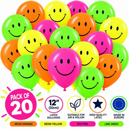 12" Neon Smiley Face Latex Balloons – Pack of 20 – Air or Helium
