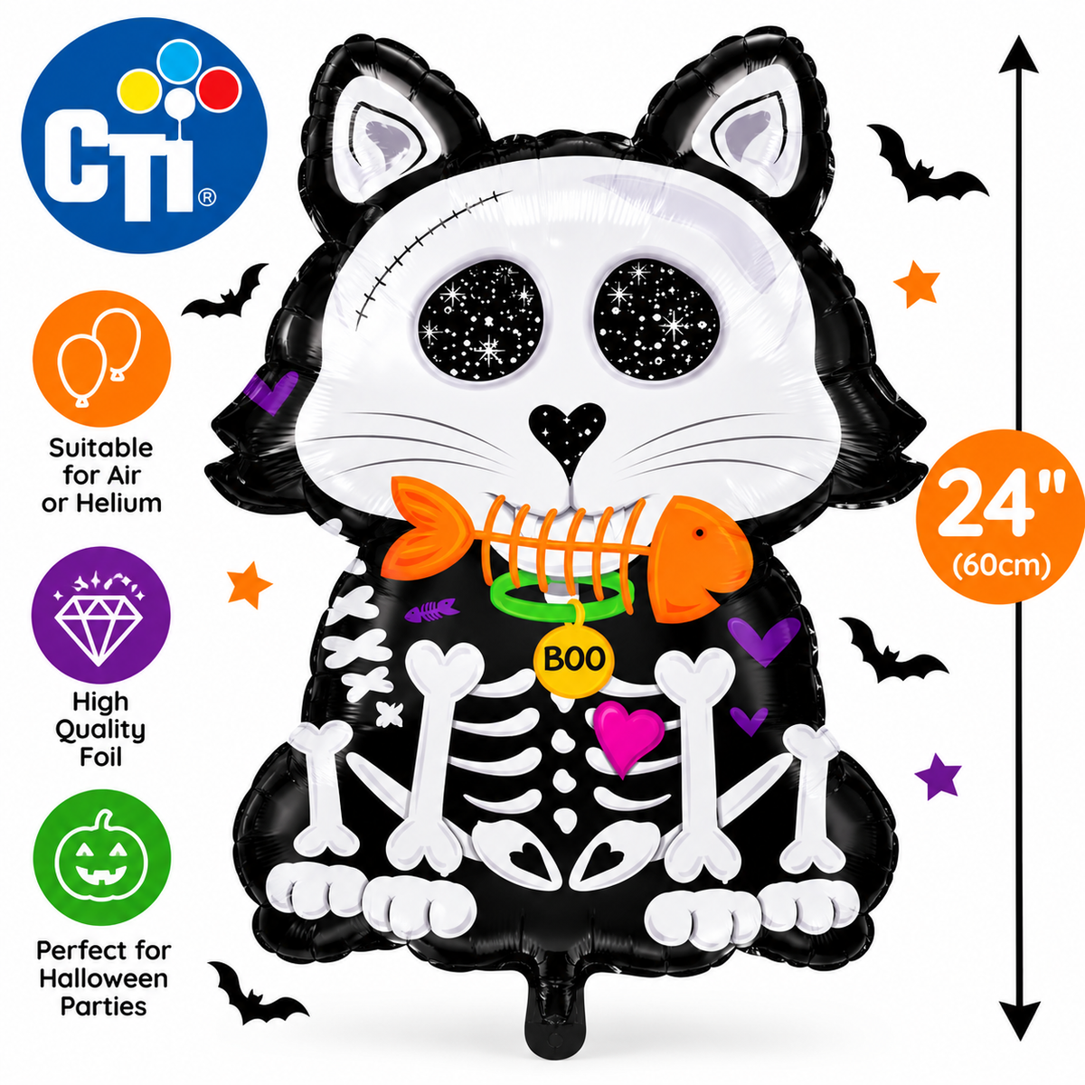 Halloween Skeleton Cat Foil Balloon 24" / 60cm – Black & White Scary Cat Balloon – Air or Helium Party Decoration