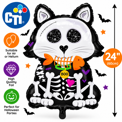 Halloween Skeleton Cat Foil Balloon 24" / 60cm – Black & White Scary Cat Balloon – Air or Helium Party Decoration