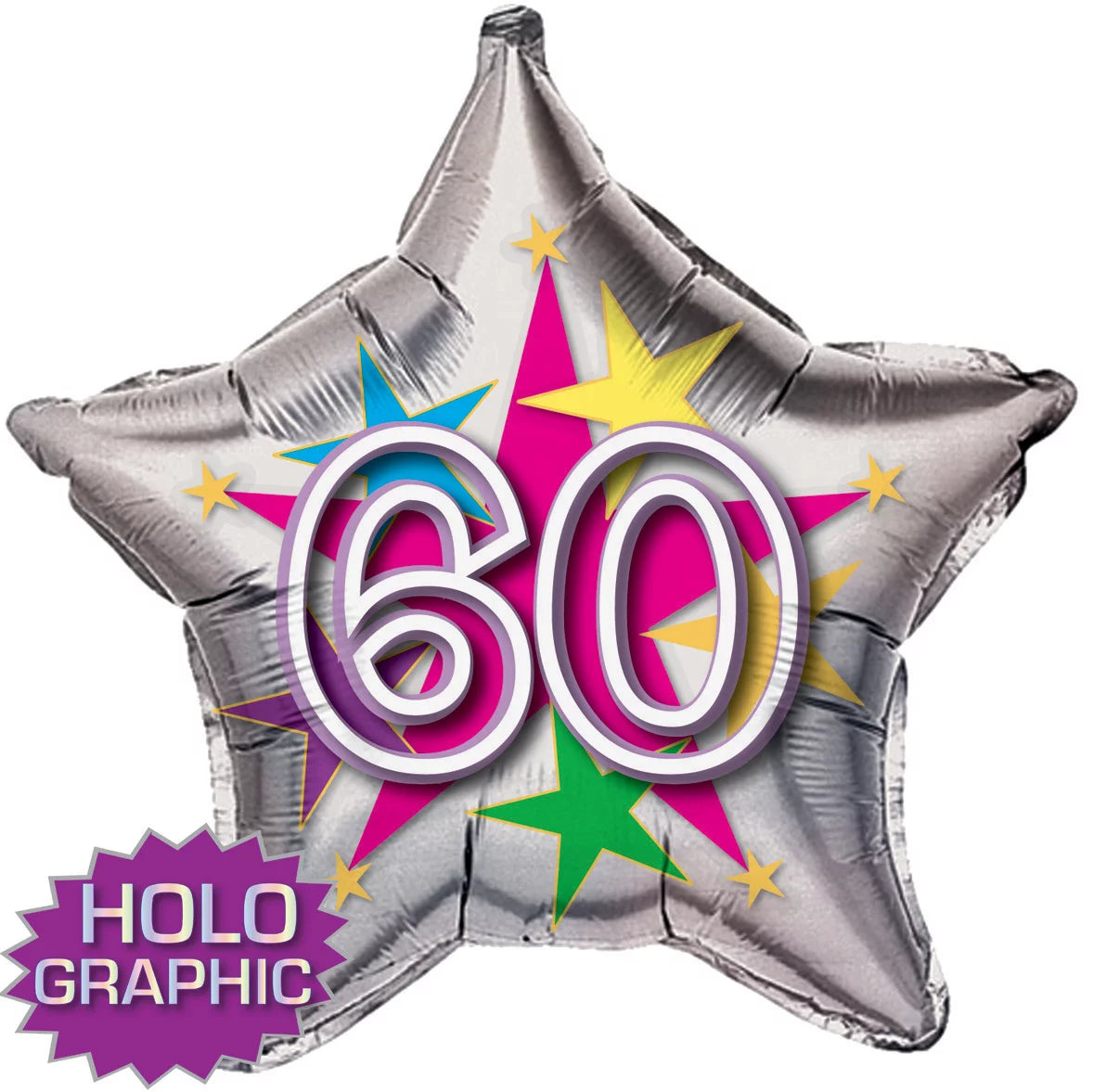 60th Birthday Holographic Silver Star Foil Balloon – 22″ Bobo Funn Co